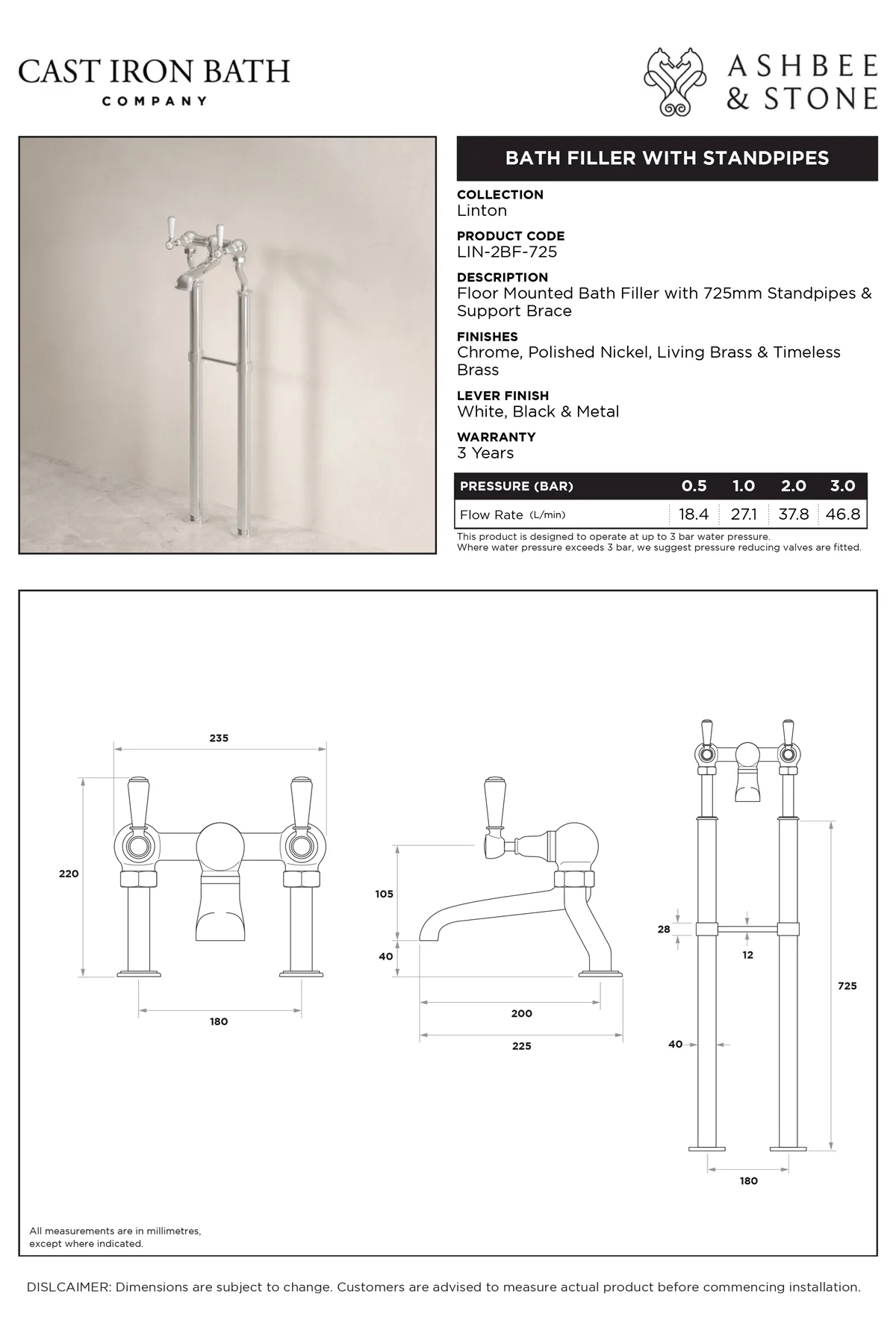 View Linton Bath Filler with 725mm Standpipes specification}}