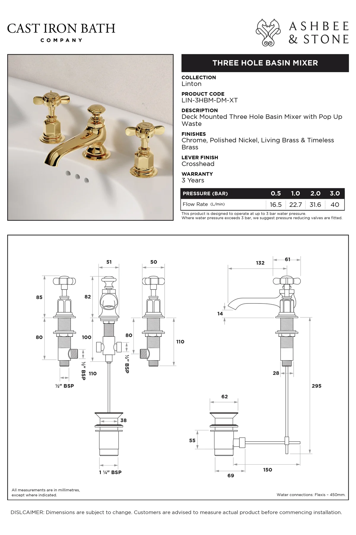 View Linton Three Hole Basin Mixer specification